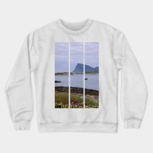 Wonderful landscapes in Norway. Nordland. Beautiful scenery of a boat and a lighthouse on the Sommaroya island. Sea, seagulls and mountain in the background (vertical) Crewneck Sweatshirt